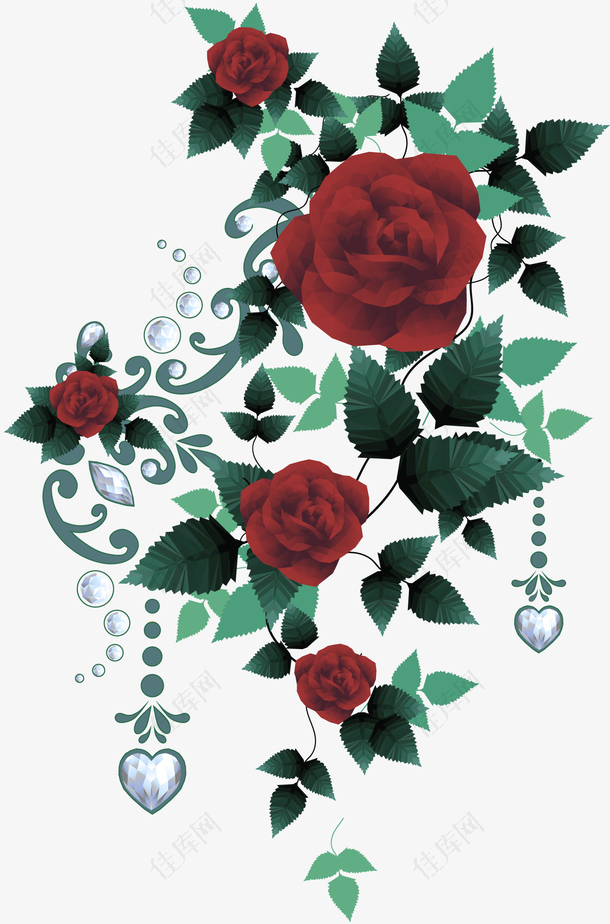 手绘玫瑰花珠宝钻石矢量图案