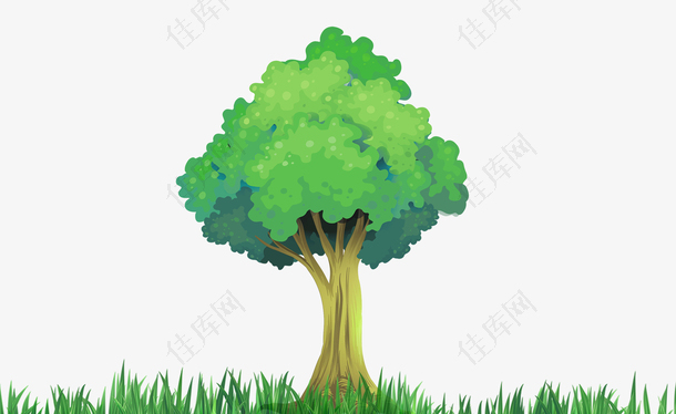 卡通手绘绿色大树小草