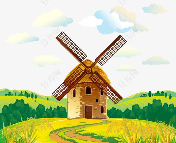 卡通手绘复古城堡风车房子背景装