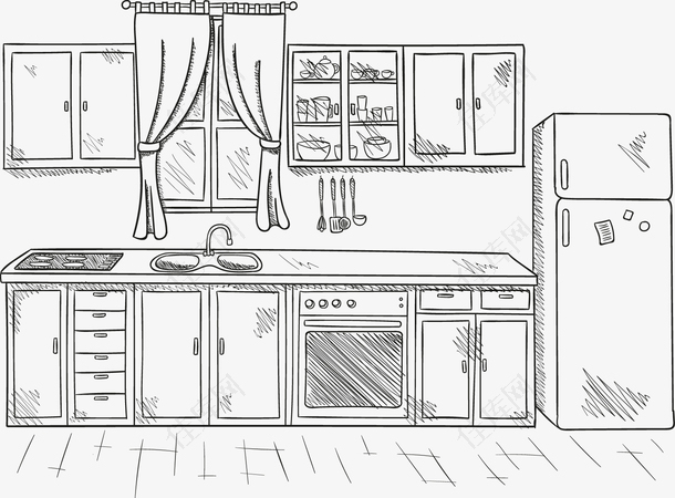 黑白线稿厨房