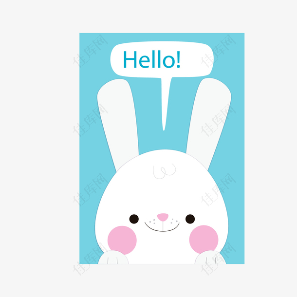 白蓝色你好兔子动物问候卡片