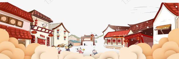 卡通手绘春节中式房屋