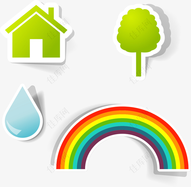 绿色房屋树木水珠彩虹自然图标