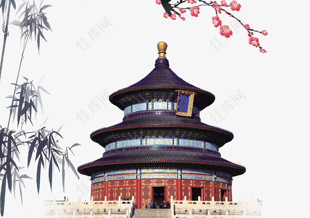免抠中国风天坛复古建筑梅花装饰