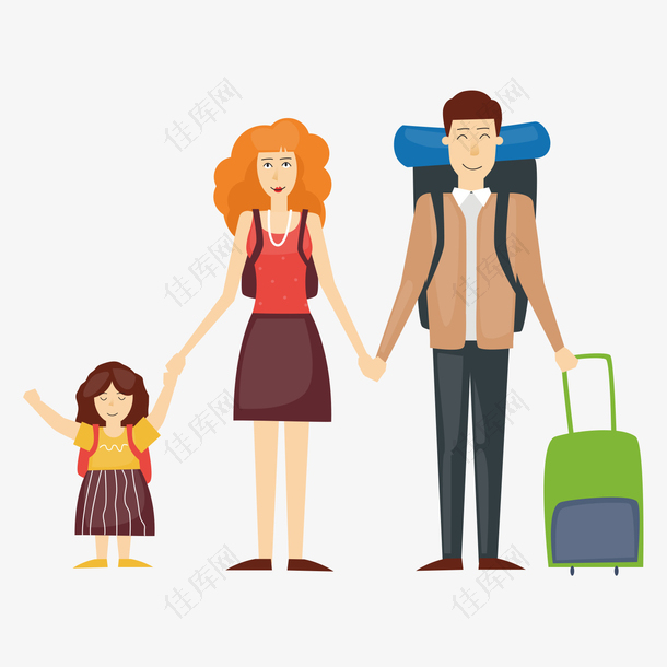 卡通风格一家人托行李箱出发旅游