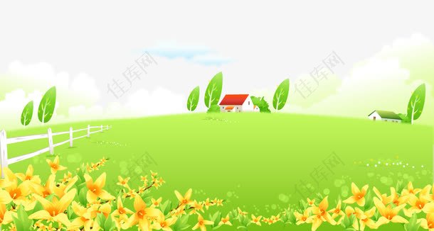 卡通手绘矢量绿色草地花朵房子