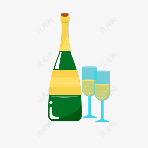 黄绿色香槟和蓝色酒杯