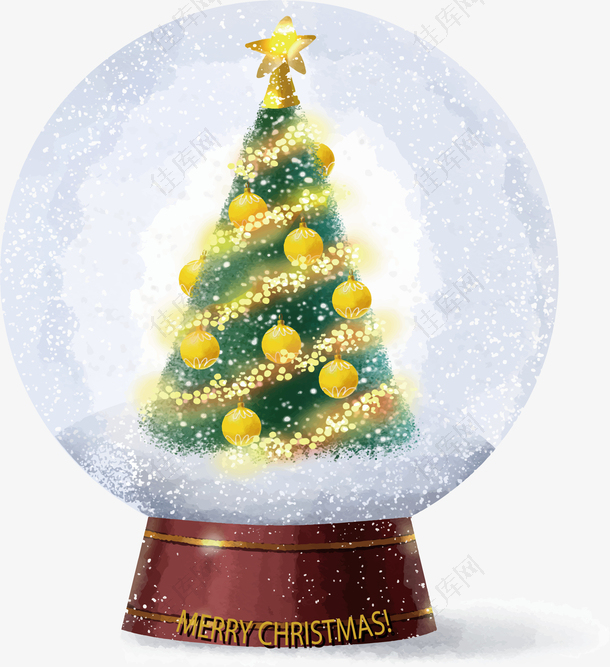 精美水彩手绘发光圣诞树水晶球