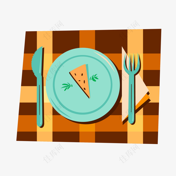 矢量手绘饭桌刀叉餐盘食物PNG