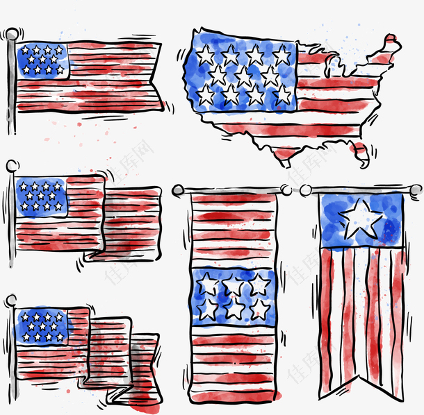水彩手绘美国国旗