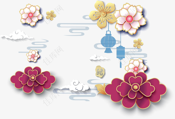 2022虎年猪年春节花纹边框装饰图案