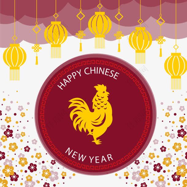 中国新年灯笼和公鸡矢量图