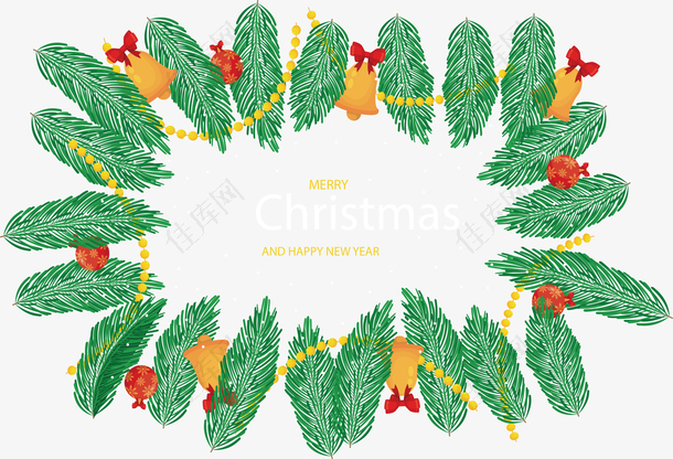 黄色铃铛松树枝圣诞边框