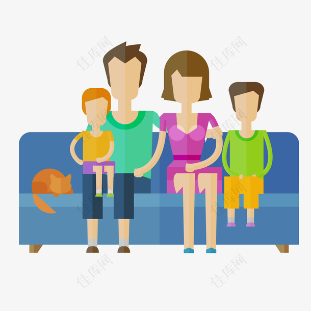 卡通坐在沙发上的家庭人物