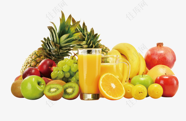 实物各种水果堆积橙汁