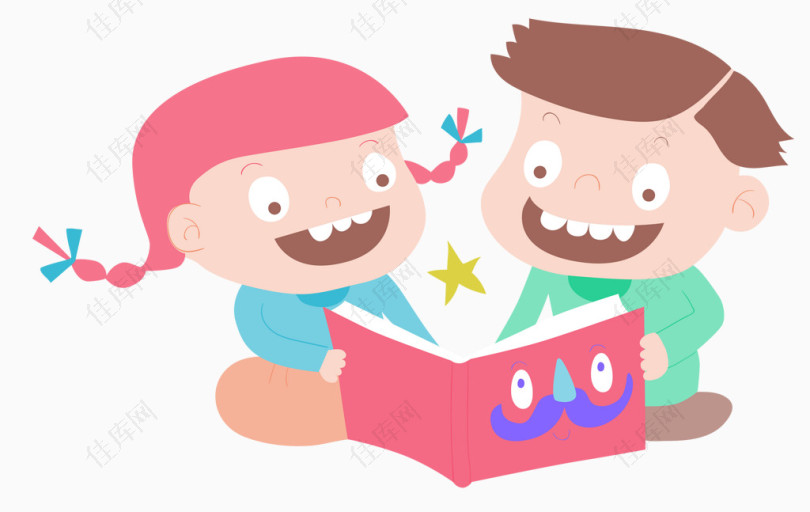 彩色卡通小孩看书