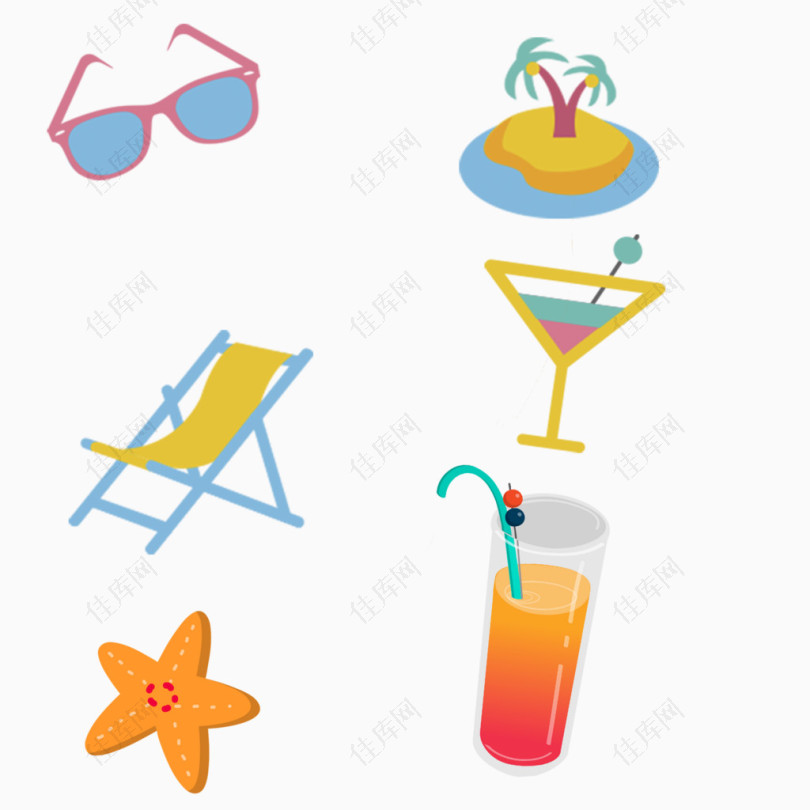太阳镜沙滩沙滩椅果汁夏日卡通手绘装饰元素