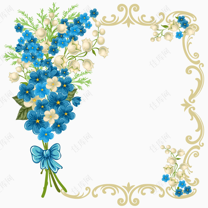 手绘蓝色花朵装饰边框素材