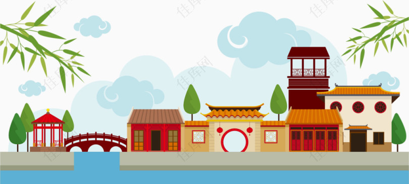 中国古建筑卡通手绘装饰元素