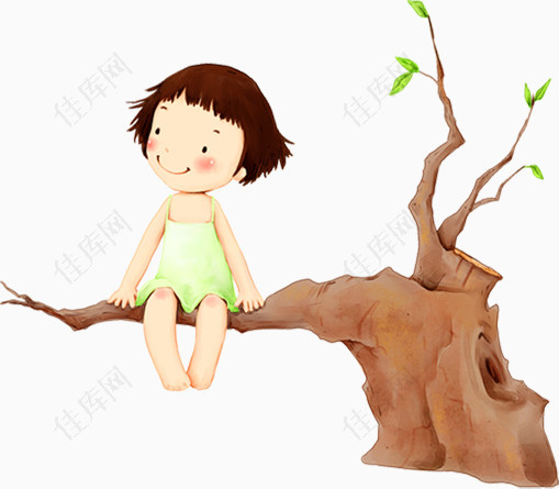 小女孩坐在树枝上微笑