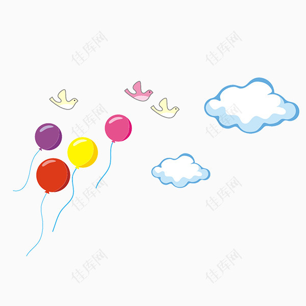 卡通燕子飞翔白云五彩气球
