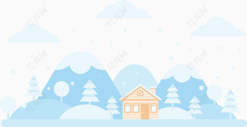 降雪树烟囱蓝色小屋