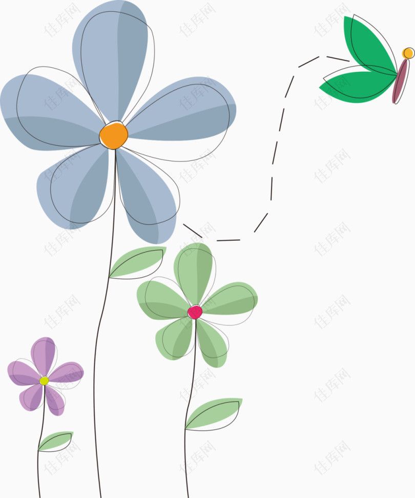 矢量卡通花朵与蝴蝶