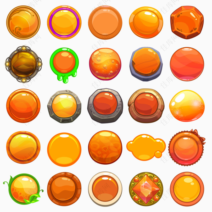 多款橙色系列水晶效果圆形按钮