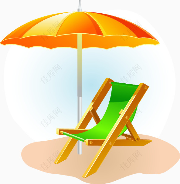 手绘沙滩太阳伞躺椅