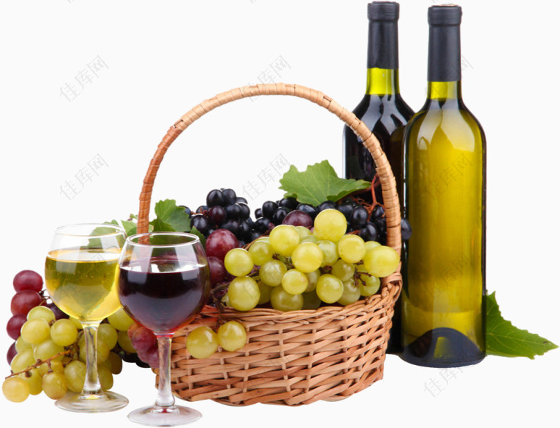 一篮子葡萄和葡萄酒