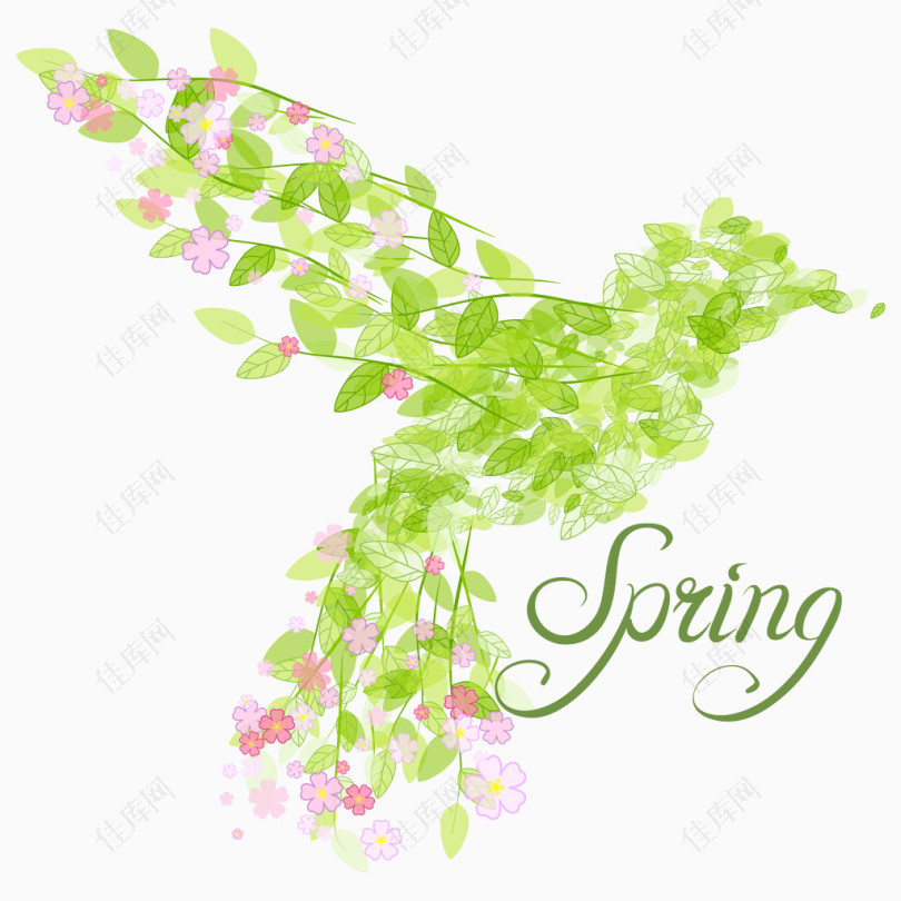 春季花朵和树叶组合的鸟矢量图