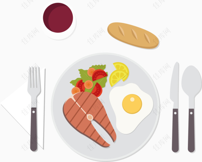 矢量手绘早餐在盘子里的荷包蛋和烤肉