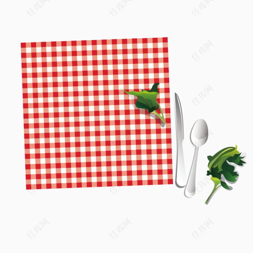 红色格子餐布与刀叉
