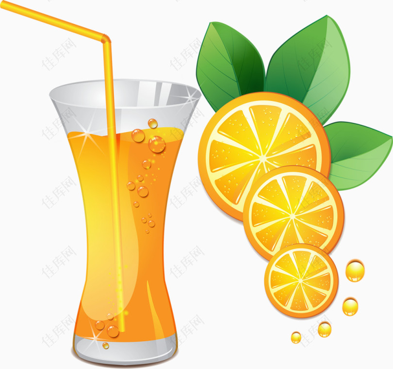 一杯橙汁叶子橙子卡通手绘