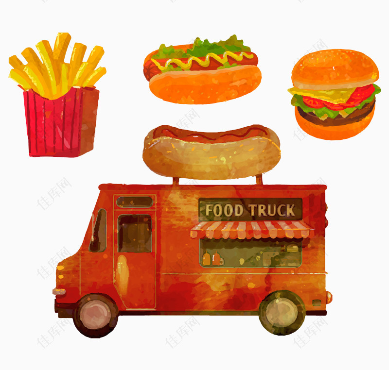 手绘餐车和食物