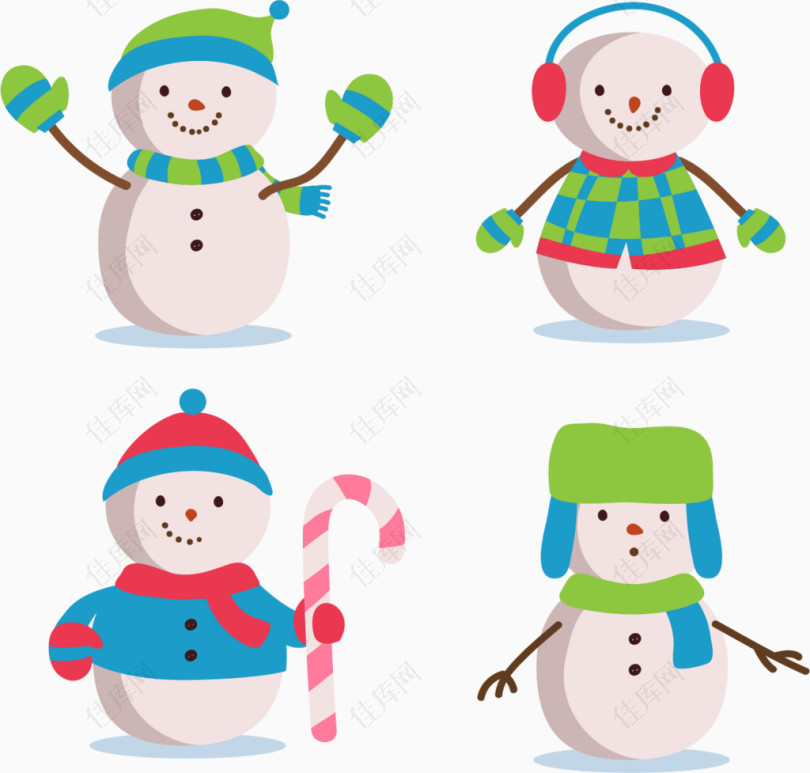 四个可爱冬装雪人素材