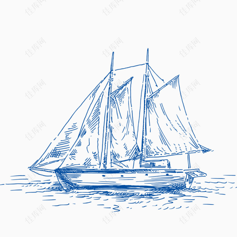 手绘复古帆船航行