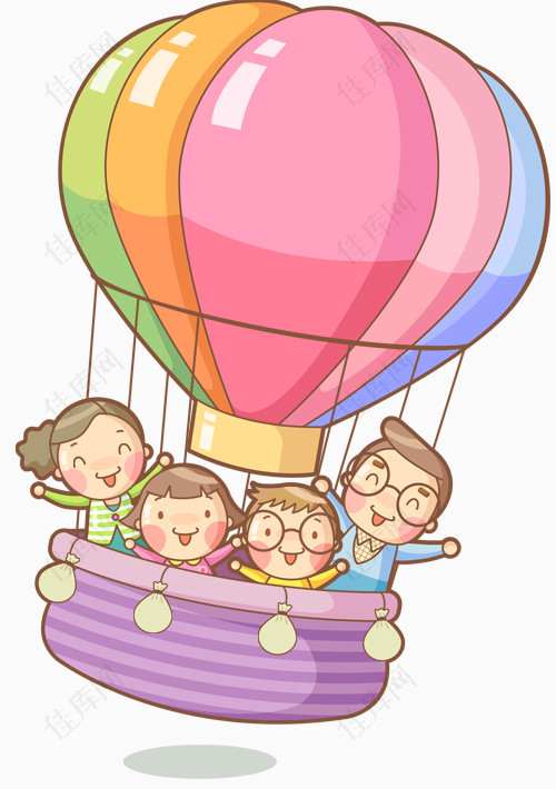 全家人乘坐热气球彩色