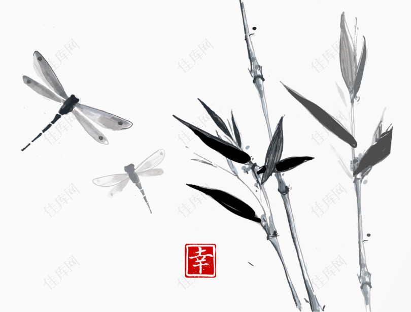 中国风水墨蜻蜓竹叶