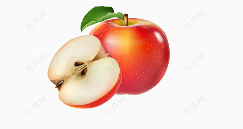 矢量红色绿叶切开苹果水果图案