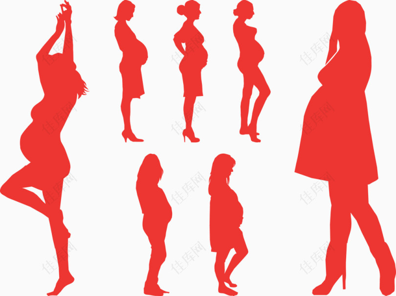 7个孕妇剪影红色矢量图
