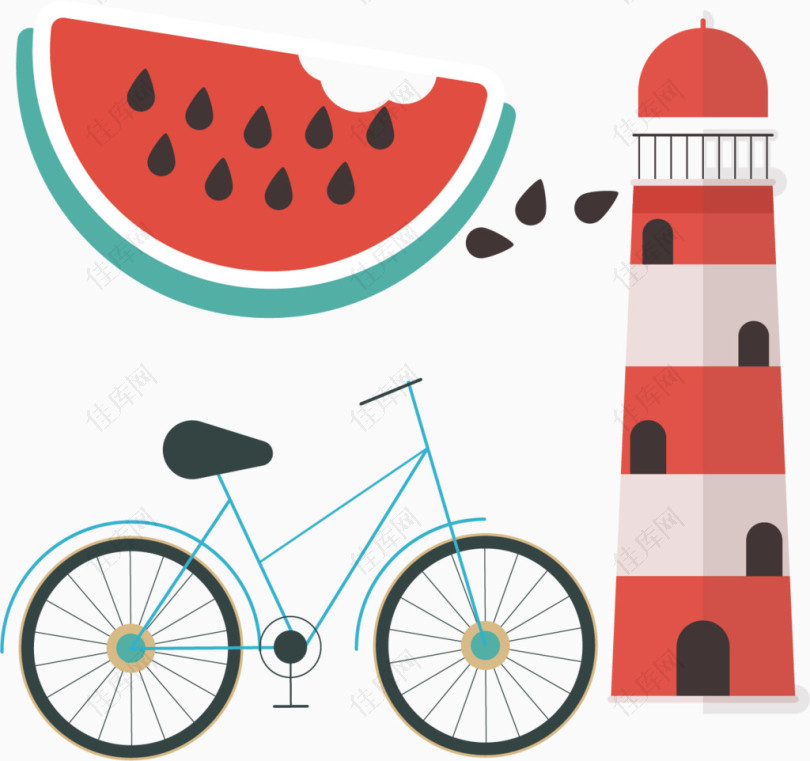 西瓜灯塔自行车彩色简易画卡通手绘装饰元素