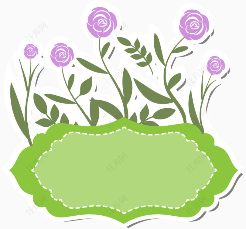 紫色蔷薇花装饰的绿色边框