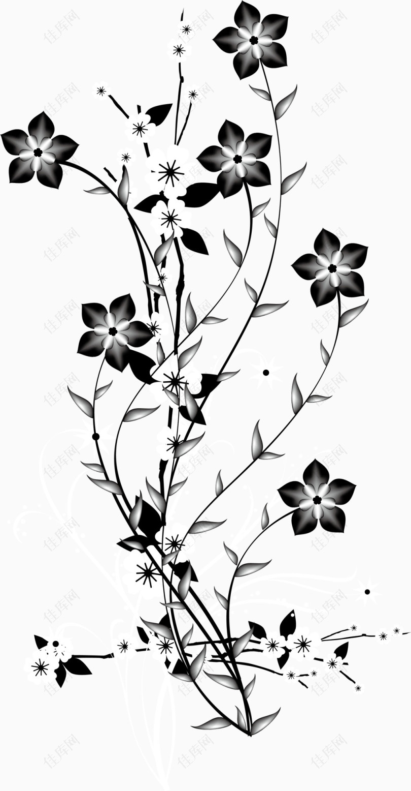 黑白花朵树枝装饰背景矢量图