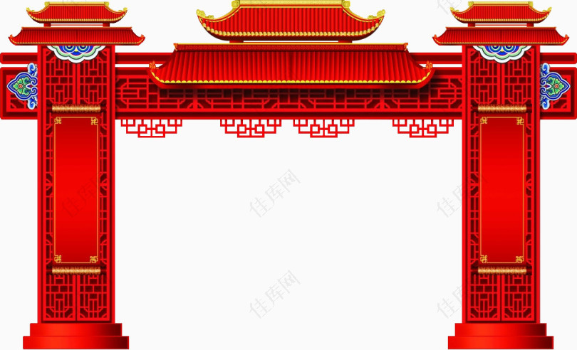 中式婚礼喜庆红色城楼大门