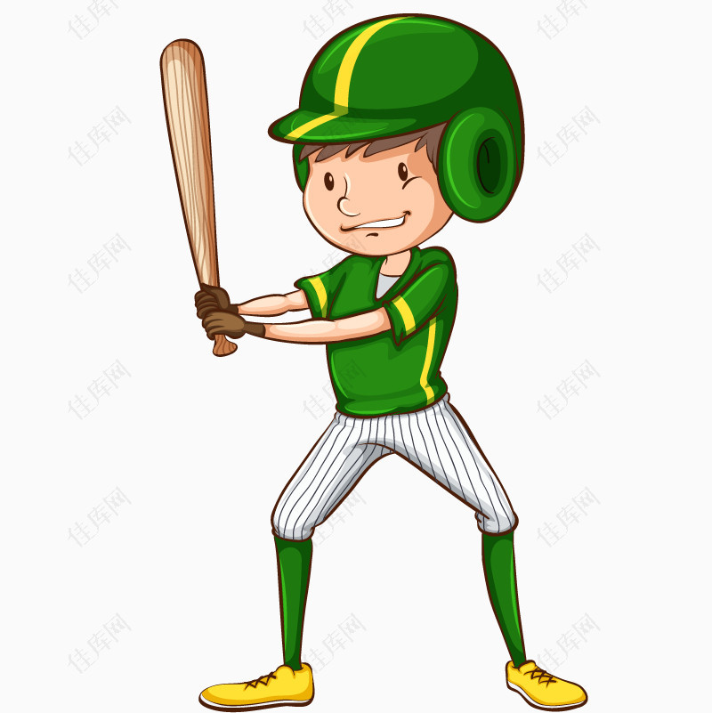 卡通手绘绿色衣服拿棒球男孩