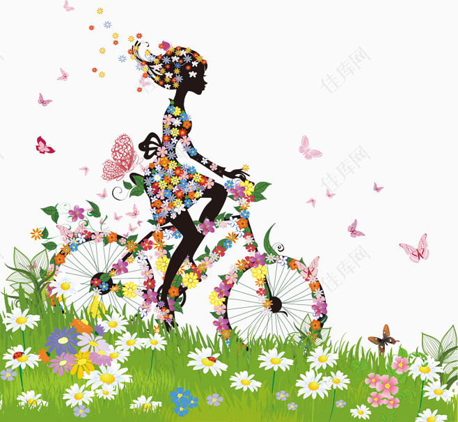 春天骑单车美女剪影手绘水彩