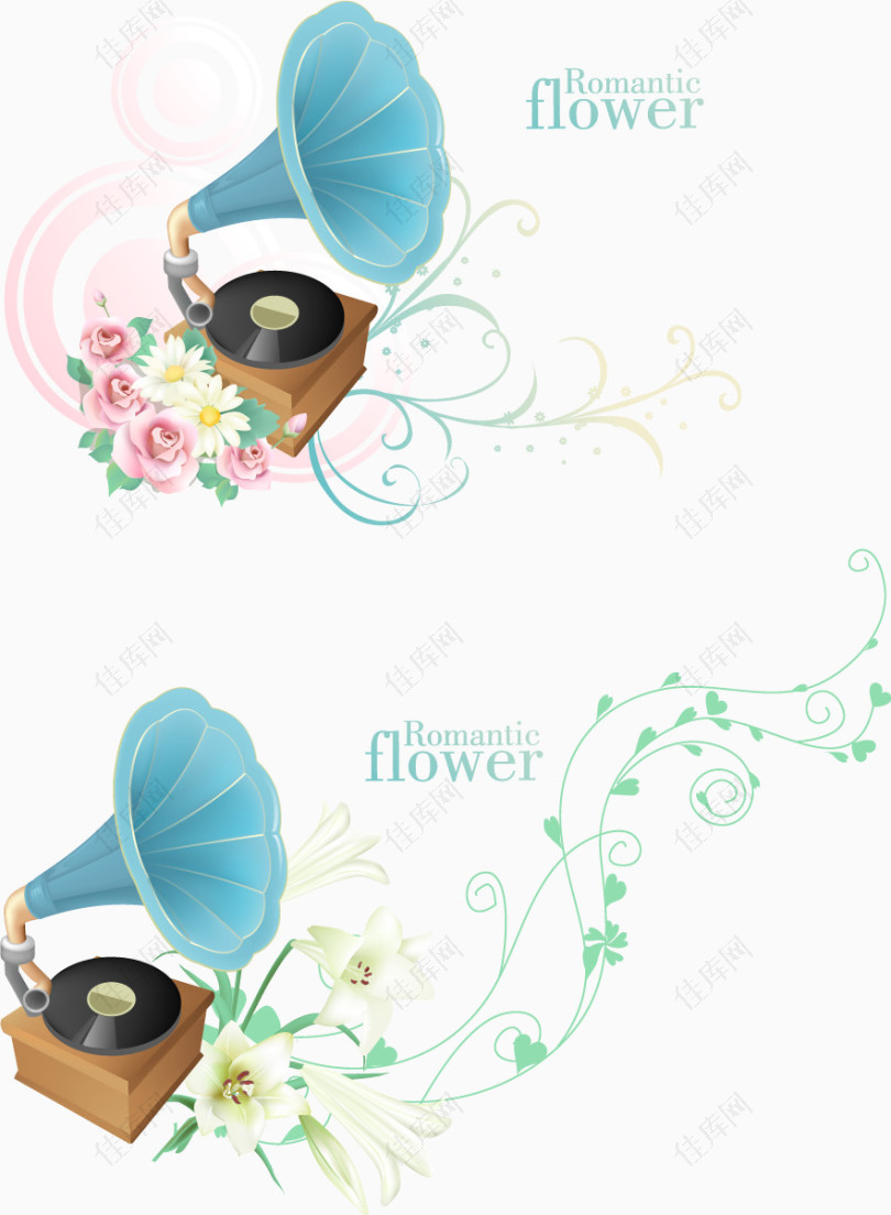 留声机与花朵花边矢量