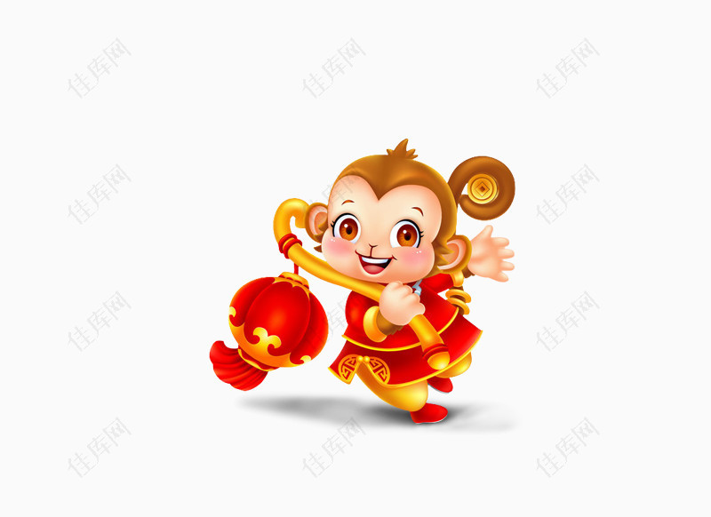 年货节卡通小猴子大红灯笼素材PNG