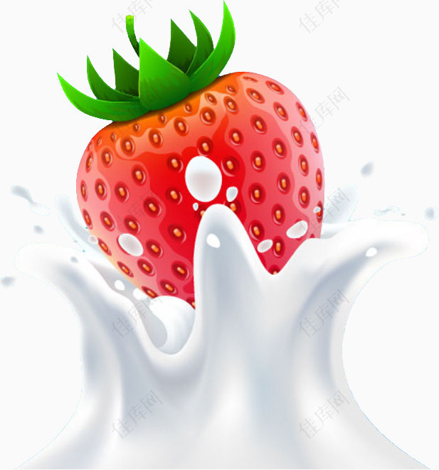 卡通红色草莓白色牛奶喷溅的牛奶